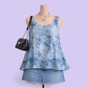 Vintage Y2K Blue Floral Chiffon Blouse Coldwater Creek L Coastal Summer Preppy